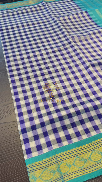 INK BLUE & WHITE KATTAM WITH CONTRAST TURQUIOSE BLUE KANCHIPURAM SILK COTTON (KSC39)