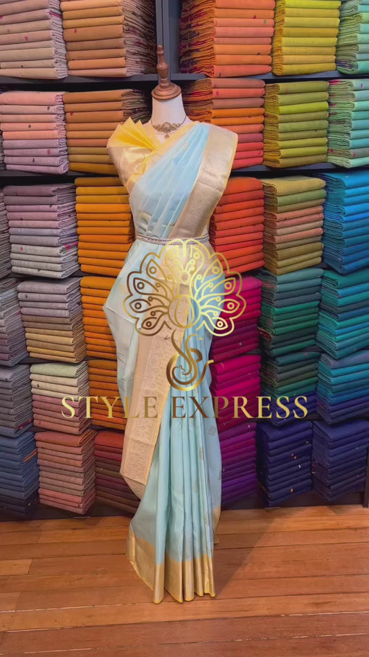 POWDER BLUE CONTRAST LIGHT YELLOW KANCHIPURAM HANDLOOM SILK SAREE