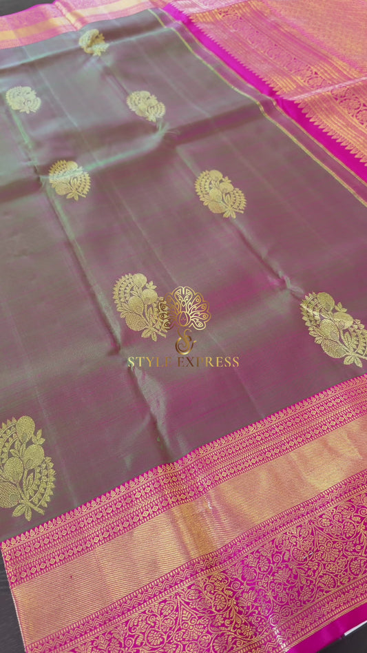 DUAL TONE GREEN PINK WITH PERSIAN ROSE CONTRAST GOLD ZARI HANDLOOM KANICHIPURAM SILK SAREE (KSS60)