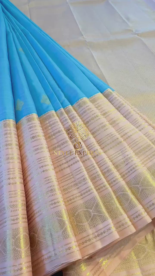 LIGHT BLUE WITH PASTEL PINK GOLD ZARI HANDLOOM KANICHIPURAM SILK SAREE (KSS212)