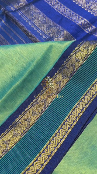 PARROT GREEN WITH DUAL TONE BLUE HANDLOOM KANCHIPURAM SILK COTTON (KSC13)