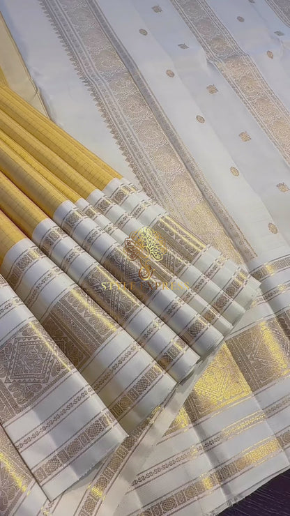 PASTEL YELLOW CONTRAST OFF WHITE BORDER KATTAM KANICHIPURAM SILK SAREE (KSS01)