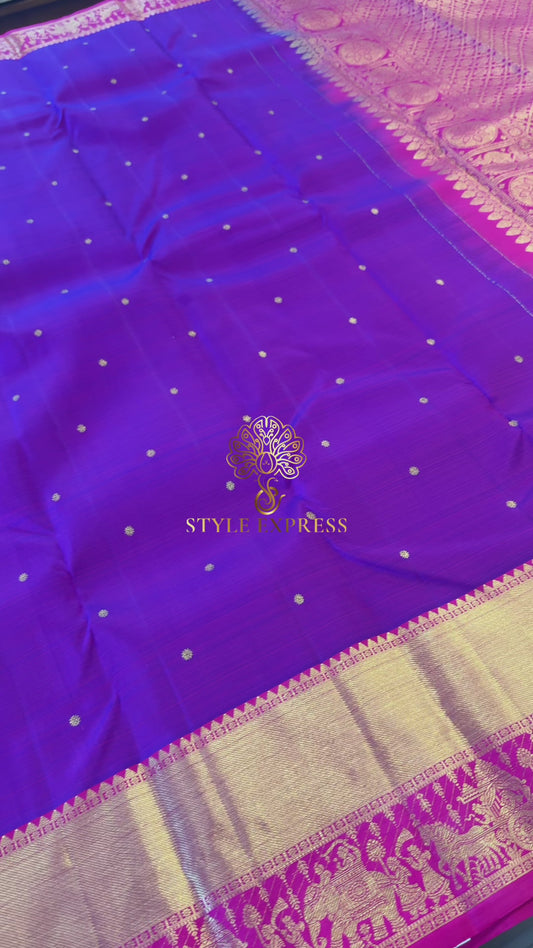 PURPLE PALLAKKU WITH CONTRAST PINK GOLD ZARI HANDLOOM KANICHIPURAM SILK SAREE (KSS238)