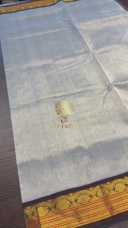 ASH GREY WITH CONTRAST DARK BROWN KANCHIPURAM SILK COTTON (KSC06)