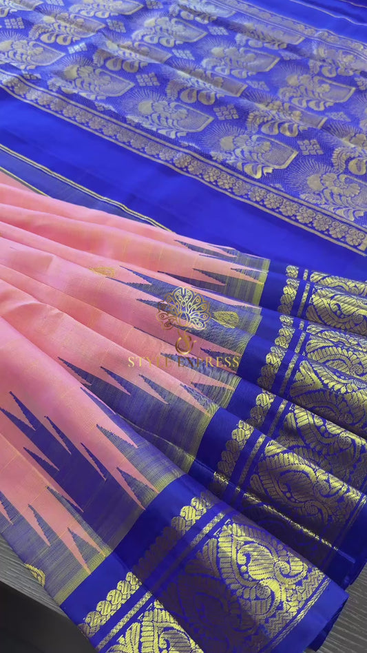 PEACH WITH CONTRAST INDIGO PURPLE PURE HANDLOOM KANICHIPURAM SINGLE SIDE BORDER SILK SAREE (KSSB02)