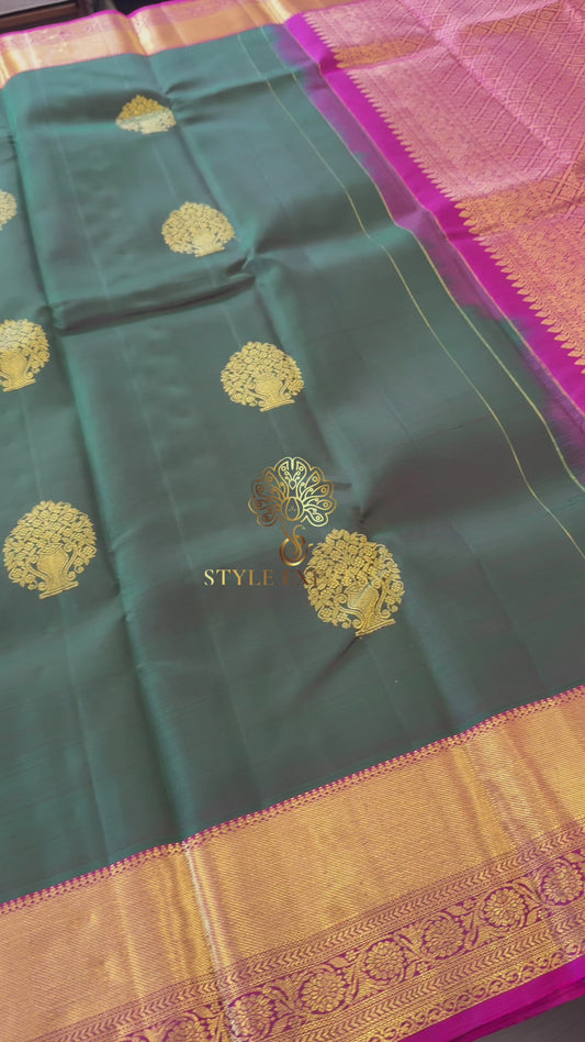 DUAL TONE BOTTLE GREEN AND PINK GOLD ZARI HANDLOOM KANICHIPURAM SILK SAREE (KSS68)