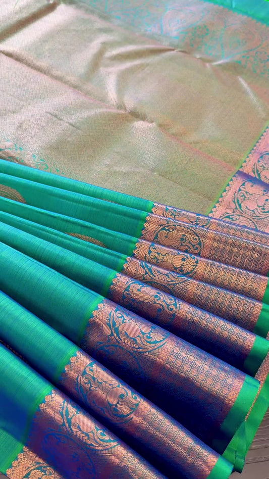 DUAL TONE PEACOCK BLUE ROSE GOLD ZARI HANDLOOM PURE KANICHIPURAM SILK SAREE (KSS231)