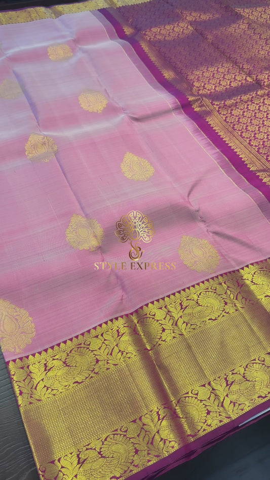 PASTEL PINK WITH CONTRAST VADAMLLAI PURPLE GOLD ZARI HANDLOOM KANICHIPURAM SILK SAREE (KSS236)