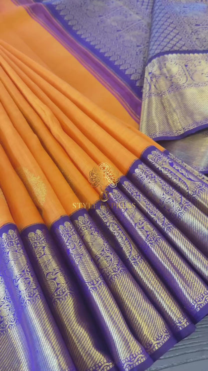 MANGO YELLOW WITH CONTRAST ROYAL PURPLE GOLD ZARI HANDLOOM KANICHIPURAM SILK SAREE (KSS102)