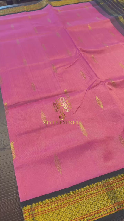 PINK WITH CONTRAST BLACK KANCHIPURAM SILK COTTON SAREE (KSC09)