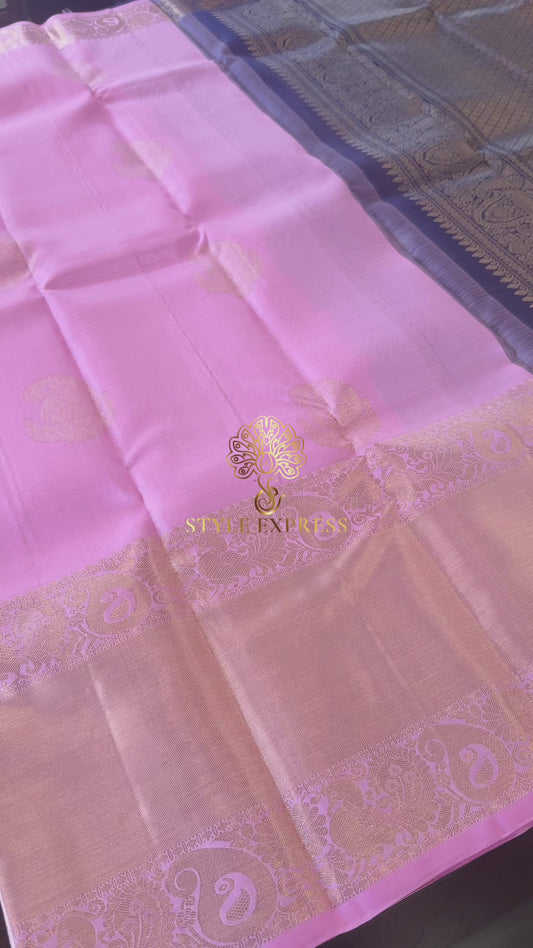 VAIRA OOSI PINK BIG BORDER WITH CONTRAST NAVY BLUE GOLD ZARI HANDLOOM KANICHIPURAM SILK SAREE (KSS260)