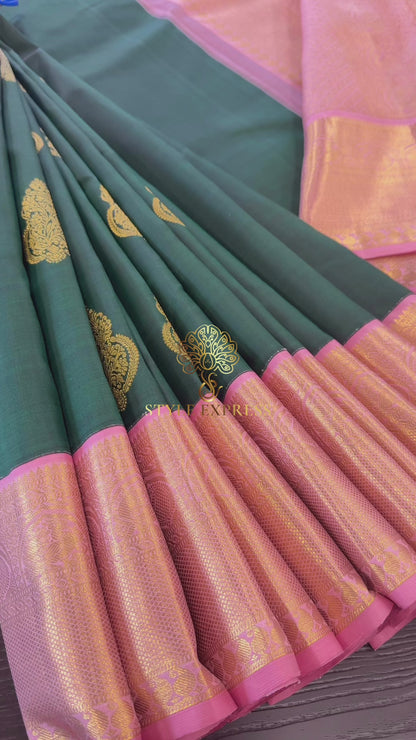 GREEN WITH CONTRAST PINK GOLD ZARI HANDLOOM KANICHIPURAM SILK SAREE (KSS164)