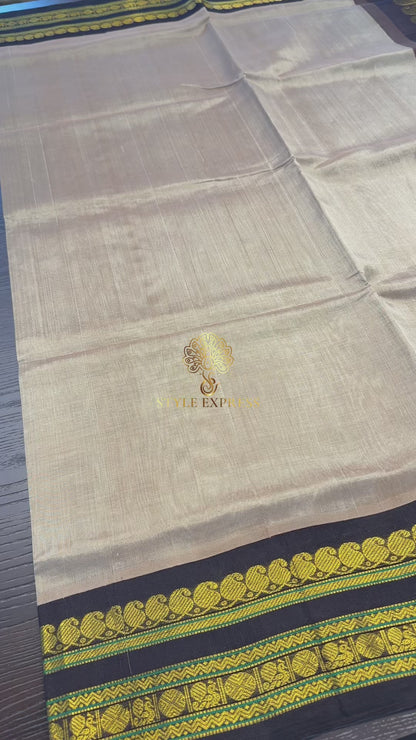 CHAMPAGNE WITH CONTRAST DARK BROWN KANCHIPURAM SILK COTTON SAREE (KSC12)