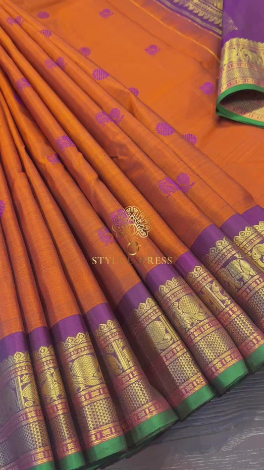 ORANGE WITH CONTRAST PURPLE GOLD ZARI HANDLOOM KANICHIPURAM SILK SAREE (KSS161)