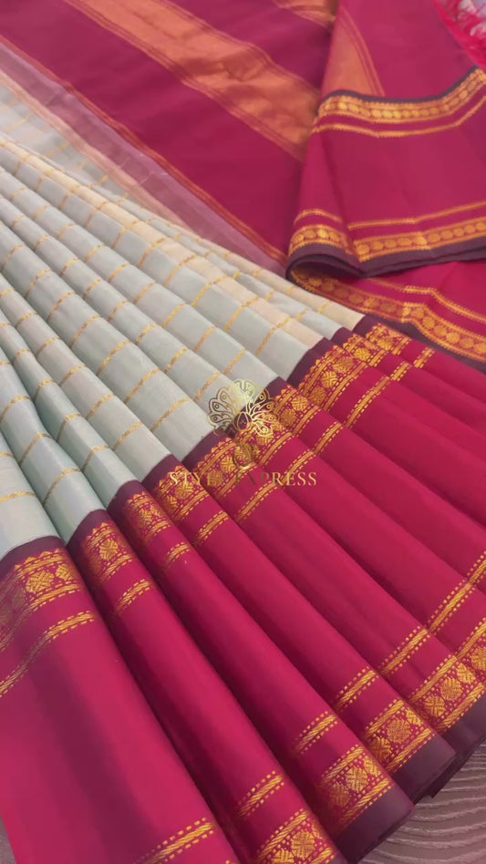 TRADITIONAL TIFFANY BLUE WITH CONTRAST MAROON RETTAI PETTA GOLD ZARI HANDLOOM KANICHIPURAM SILK SAREE (KSS262)