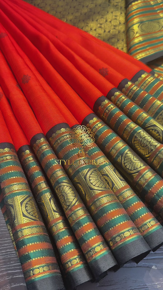 RED ORANGE WITH CONTRAST BLACK GOLD ZARI HANDLOOM KANICHIPURAM SILK SAREE (KSS140)