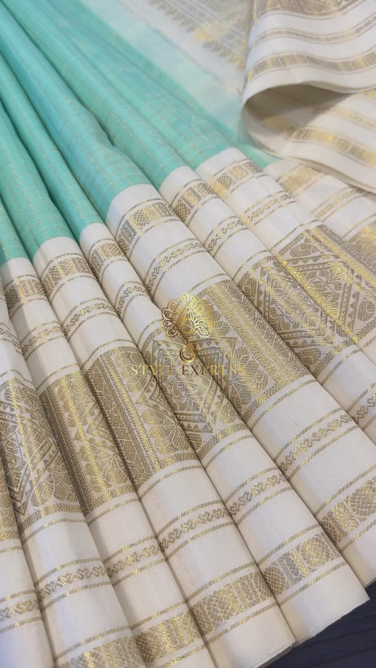 MINT GREEN WITH CONTRAST WHITE GOLD ZARI HANDLOOM KANICHIPURAM SILK SAREE (KSS202)
