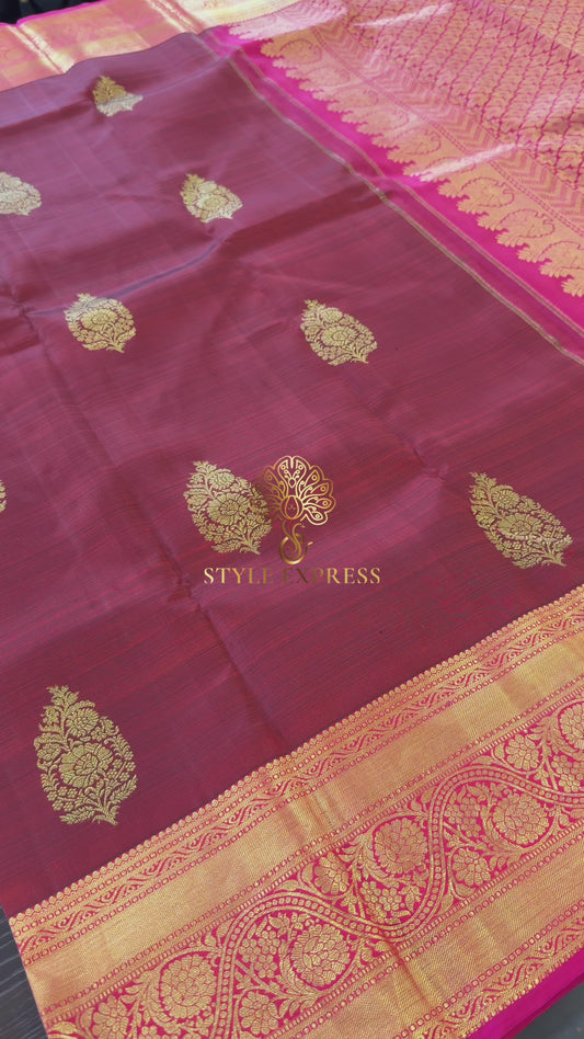 REDWOOD MAROON WITH CONTRAST PINK GOLD ZARI HANDLOOM KANICHIPURAM SILK SAREE (KSS63)