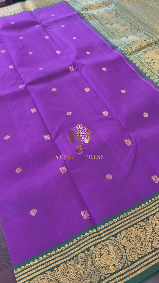 VADAMALLI PURPLE WITH CONTRAST BOTTLE GREEN GOLD ZARI HANDLOOM KANICHIPURAM SILK SAREE (KSS101)