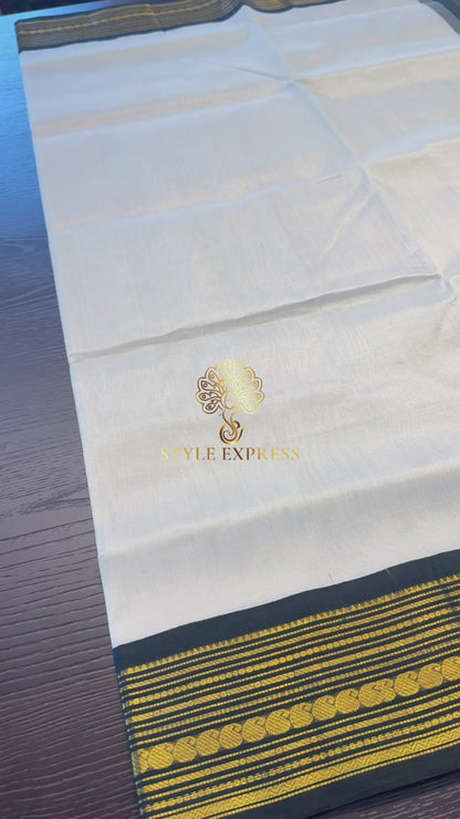 OFF WHITE WITH CONTRAST GREEN KANCHIPURAM SILK COTTON (KSC35)