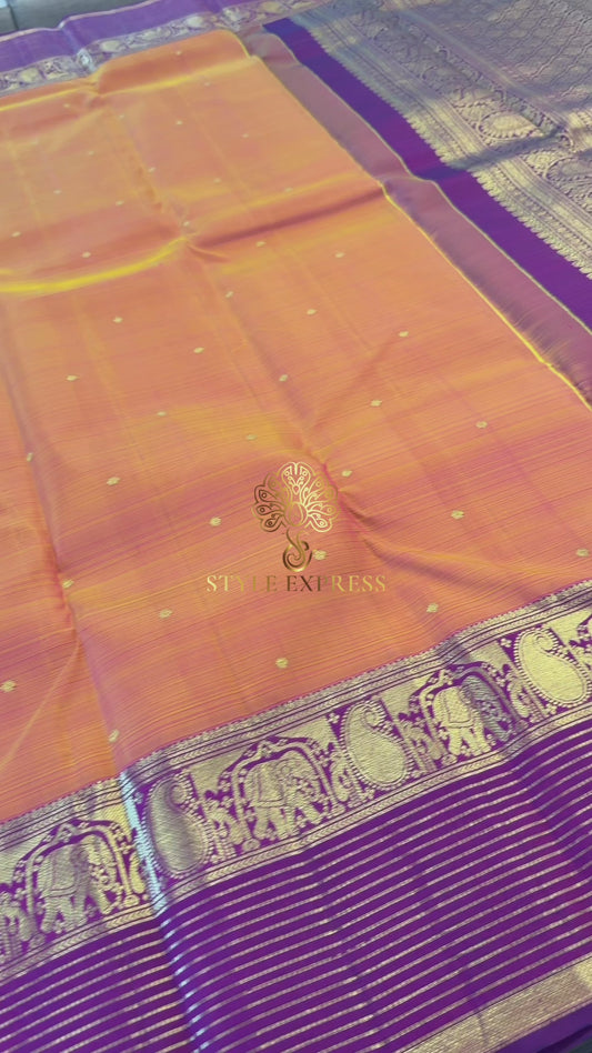 DUAL TONE ORANGE WITH PURPLE GOLD ZARI HANDLOOM KANICHIPURAM SILK SAREE (KSS245)