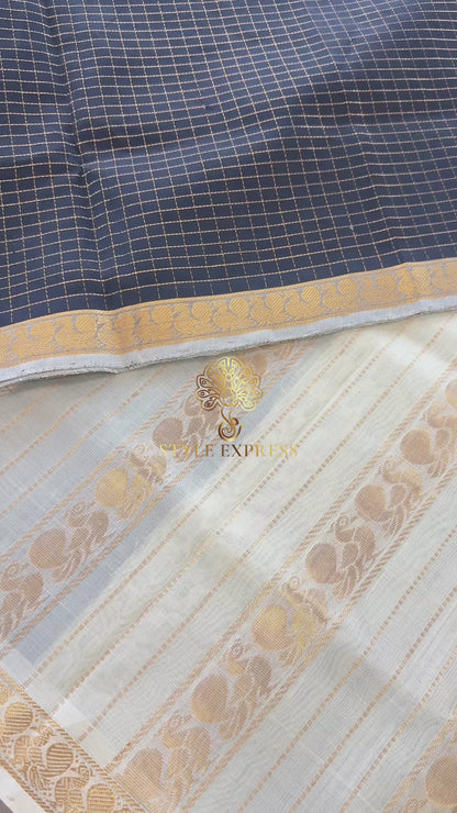 CHECKED BLACK WITH CREAM HANDLOOM KANCHIPURAM SILK COTTON (KSC25)