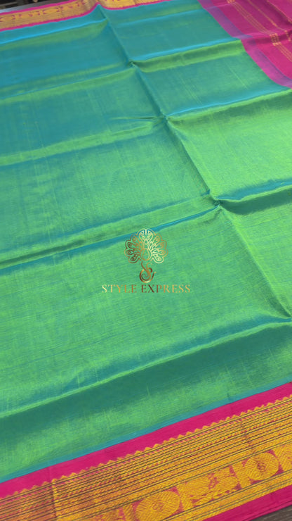 PEACOCK GREEN WITH CONTRAST HOT PINK KANCHIPURAM SILK COTTON (KSC17)