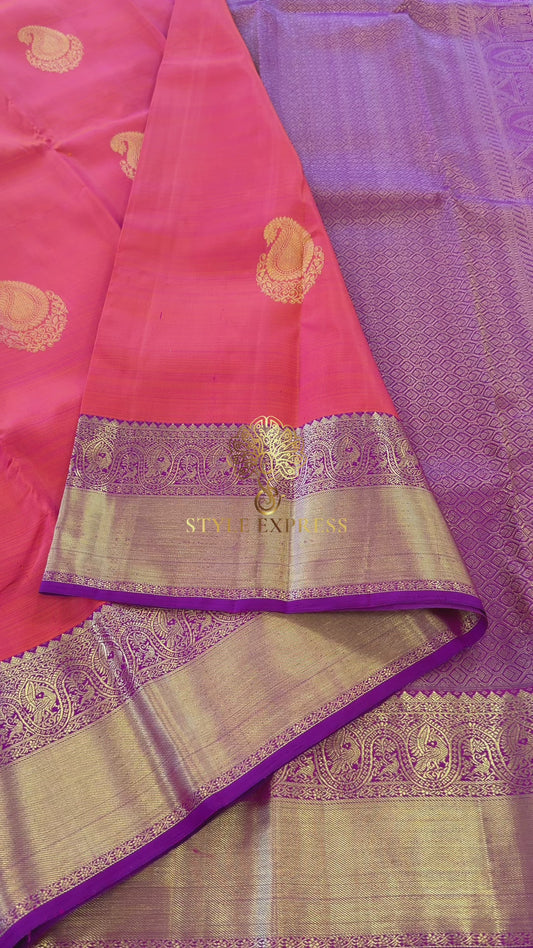 DUAL TONE ORANGE WITH CONTRAST VADAMALLI PURPLE GOLD ZARI HANDLOOM KANICHIPURAM SILK SAREE (KSS111)