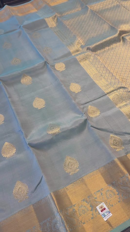 DUAL TONE PASTEL BLUE GOLD ZARI HANDLOOM KANICHIPURAM SILK SAREE (KSS234)