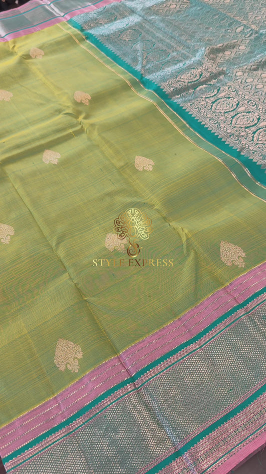 DUAL TONE LIME GREEN GOLD ZARI HANDLOOM KANICHIPURAM SILK SAREE (KSS96)