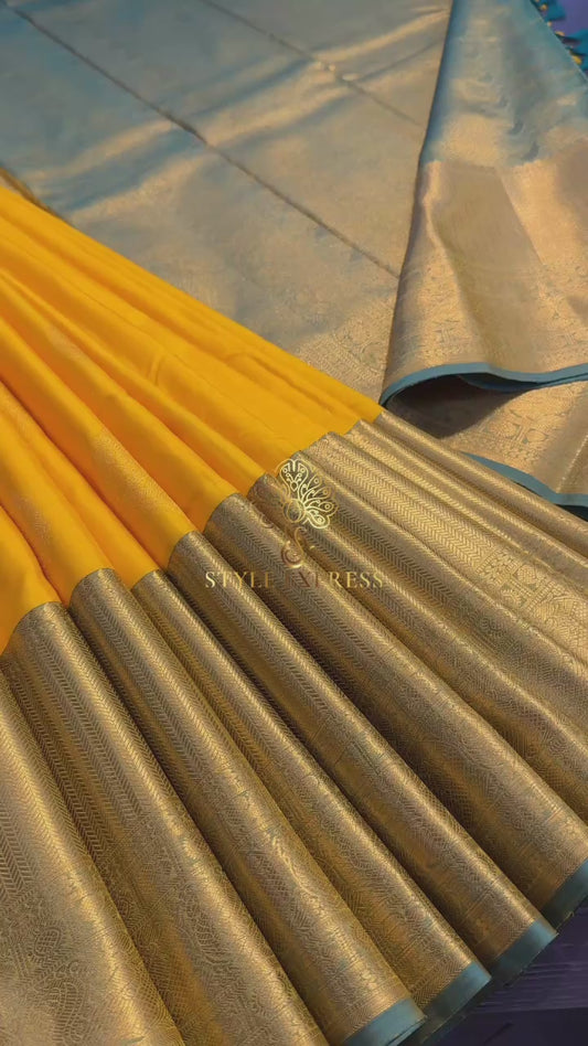YELLOW WITH CONTRAST DUAL TONE GREEN GOLD ZARI HANDLOOM KANICHIPURAM SILK SAREE (KSS120)