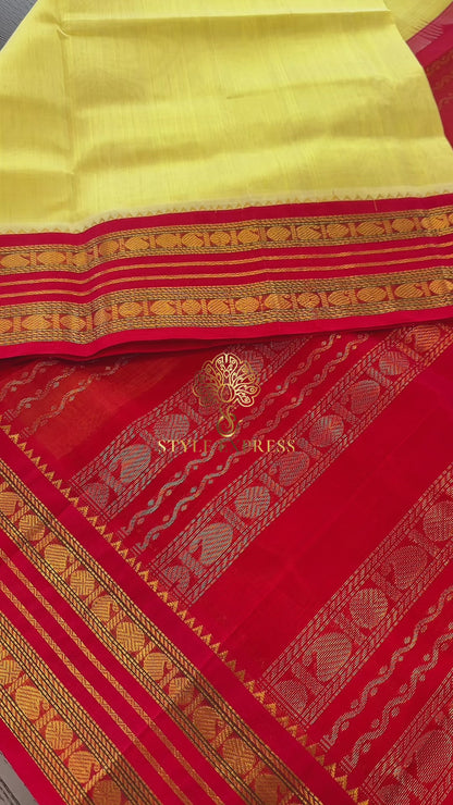 LEMON YELLOW WITH CHILLI RED HANDLOOM KANCHIPURAM SILK COTTON (KSC16)