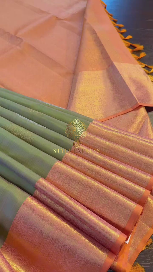 DUAL TONE GREEN WITH PEACH ORANGE GOLD ZARI HANDLOOM KANICHIPURAM SILK SAREE (KSS207)