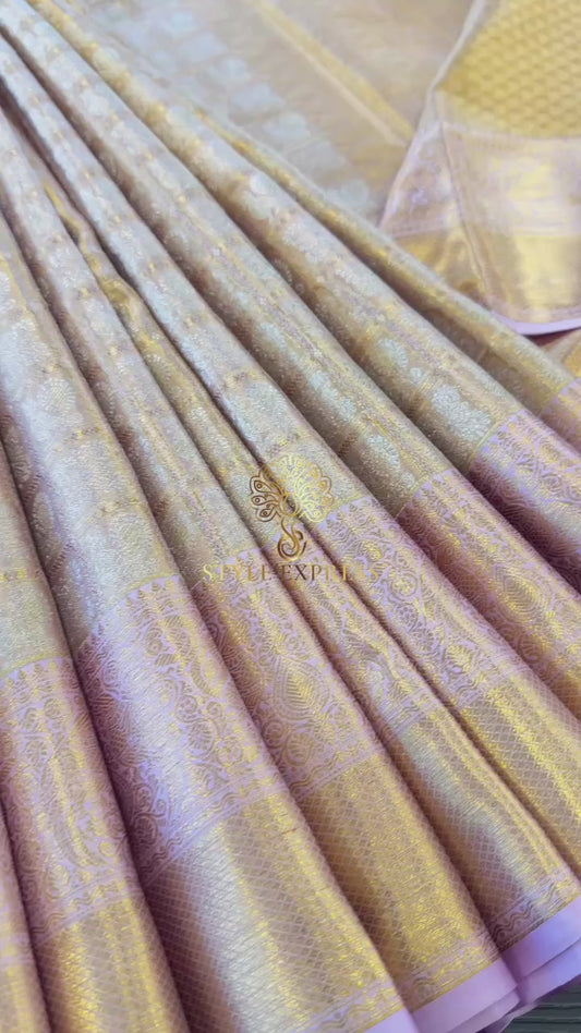GOLD WITH CONTRAST LAVENDER GOLD ZARI HANDLOOM KANICHIPURAM SILK SAREE (KSS110)