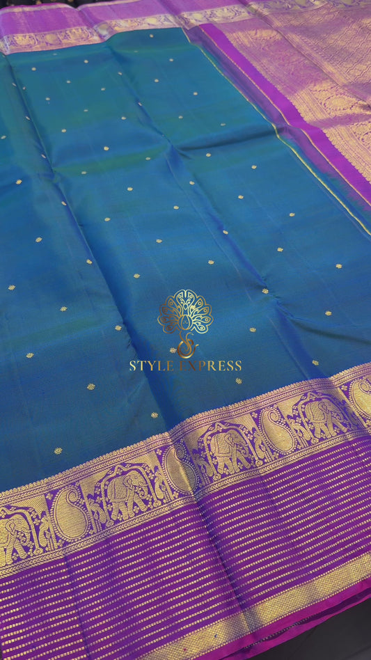 PEACOCK BLUE WITH PURPLE GOLD ZARI HANDLOOM KANICHIPURAM SILK SAREE (KSS241)