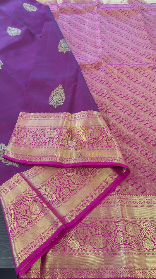 BOYSENBERRY WITH CONTRAST RANI PINK GOLD ZARI HANDLOOM KANICHIPURAM SILK SAREE (KSS66)