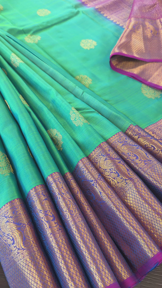 DUAL TONE PEACOCK BLUE & PURPLE HANDLOOM PURE KANICHIPURAM SILK SAREE (KSS87)