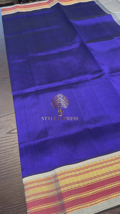 ROYAL BLUE WITH CONTRAST ASH GREY KANCHIPURAM SILK COTTON (KSC34)