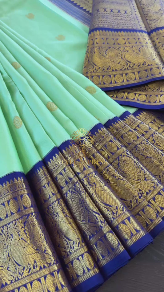 SEA GREEN WITH CONTRAST NAVY BLUE BORDER HANDLOOM KANICHIPURAM SILK SAREE (KSS223)
