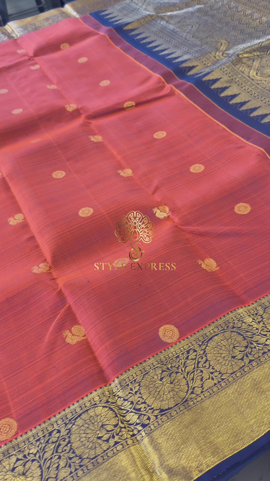 RUST ORANGE WITH DARK NAVY BLUE GOLD ZARI HANDLOOM KANICHIPURAM SILK SAREE (KSS59)