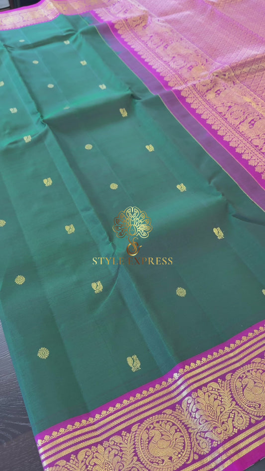 BOTTLE GREEN WITH CONTRAST PINK GOLD ZARI HANDLOOM KANICHIPURAM SILK SAREE (KSS106)