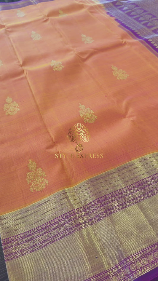 DUAL TONE CARROT WITH CONTRAST VADAMALLI PURPLE GOLD ZARI HANDLOOM KANICHIPURAM SILK SAREE (KSS65)