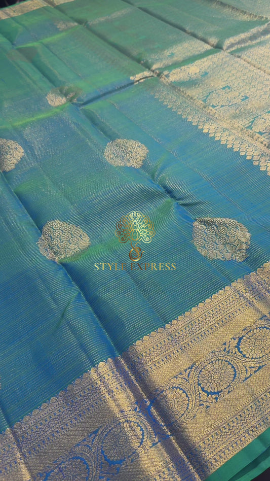 VAIRA OOSI GREENISH BLUE GOLD ZARI HANDLOOM KANICHIPURAM SILK SAREE (KSS257)