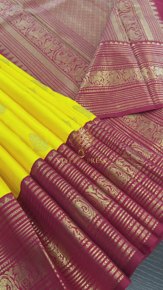 TRADITIONAL YELLOW AND RED CONTRAST HANDLOOM PURE KANICHIPURAM SILK SAREE (KSS226)