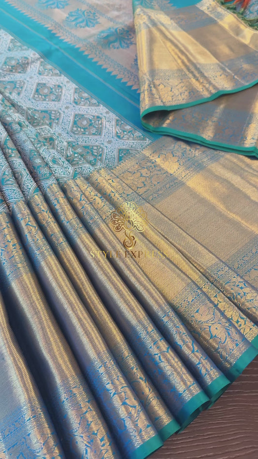 TURQUOISE GOLD & SILVER ZARI HANDLOOM KANICHIPURAM SILK SAREE (KSS90)