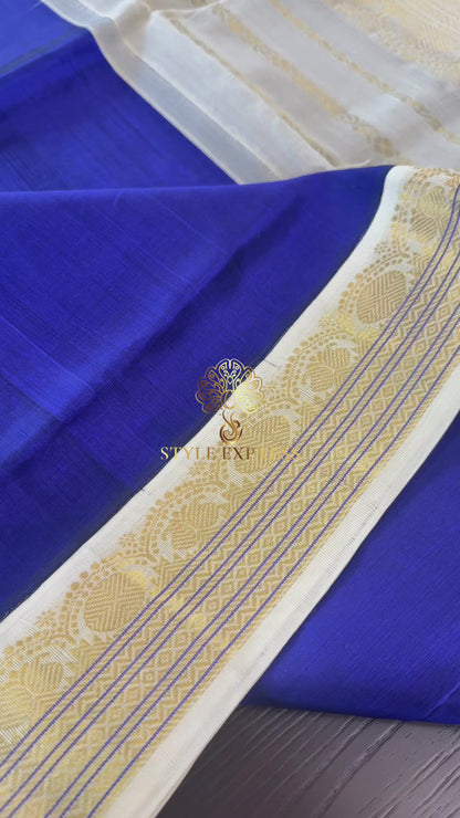 ROYAL BLUE WITH CREAM WHITE HANDLOOM KANCHIPURAM SILK COTTON (KSC27)