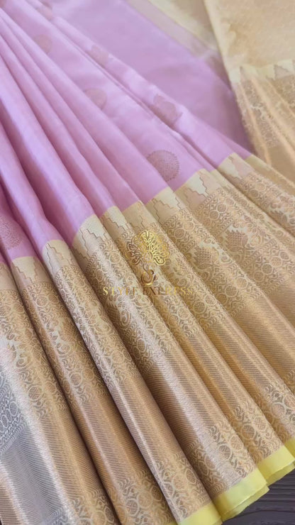 PASTEL PINK WITH CONTRAST LEMON YELLOW GOLD ZARI HANDLOOM KANICHIPURAM SILK SAREE (KSS267)
