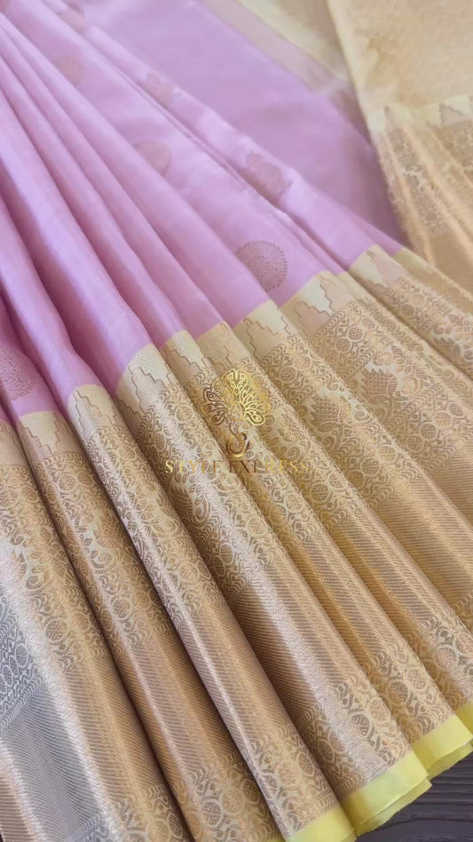 PASTEL PINK WITH CONTRAST LEMON YELLOW GOLD ZARI HANDLOOM KANICHIPURAM SILK SAREE (KSS267)