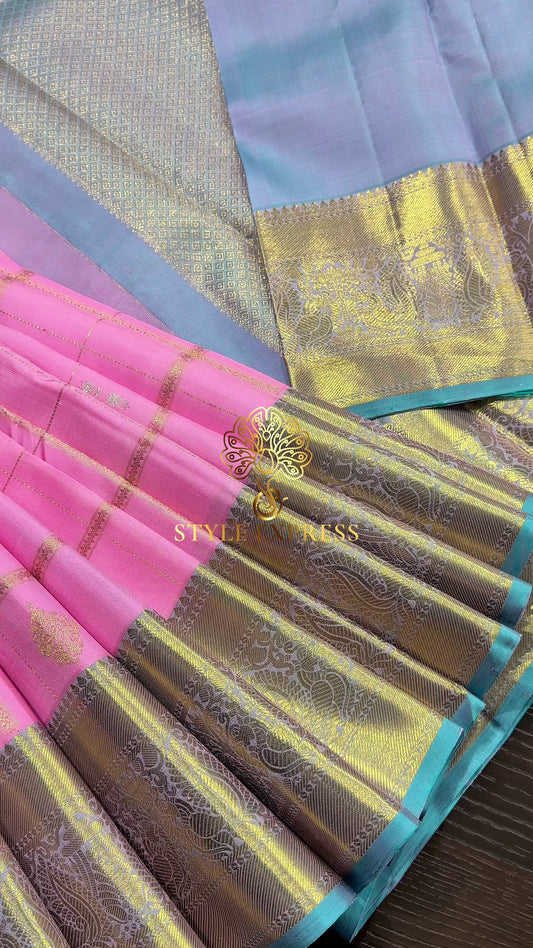 LIGHT ROSE PINK & DUAL TONE BLUE CHECKERED GOLD ZARI PURE KANCHIPURAM HANDLOOM SILK SAREE KSC 04