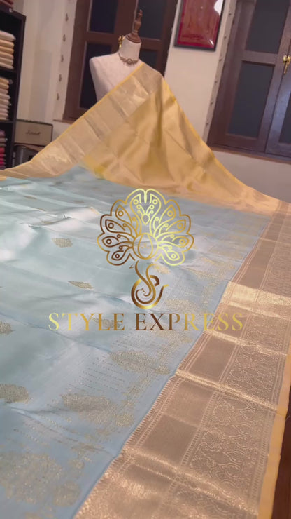 POWDER BLUE CONTRAST LIGHT YELLOW KANCHIPURAM HANDLOOM SILK SAREE